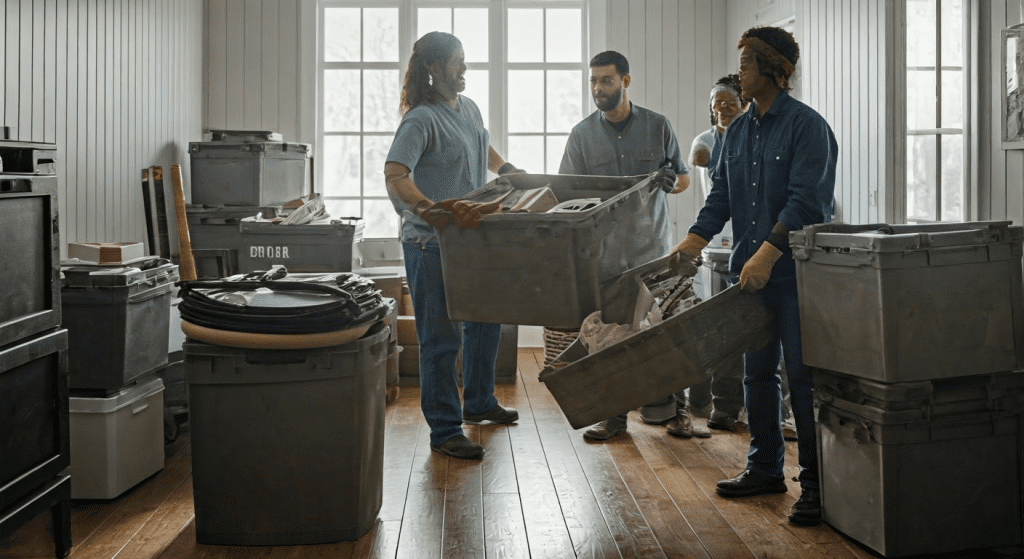 Workers handling storage bins in a bright room.