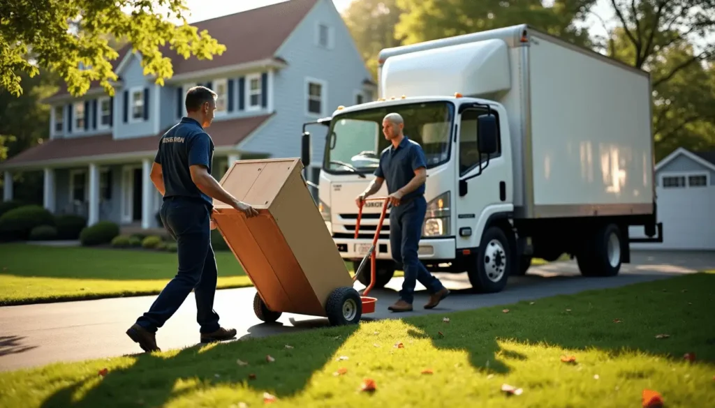 Junk removal truck and workers at Connecticut home