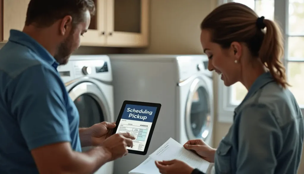 Technician and homeowner prep washing machine for pickup