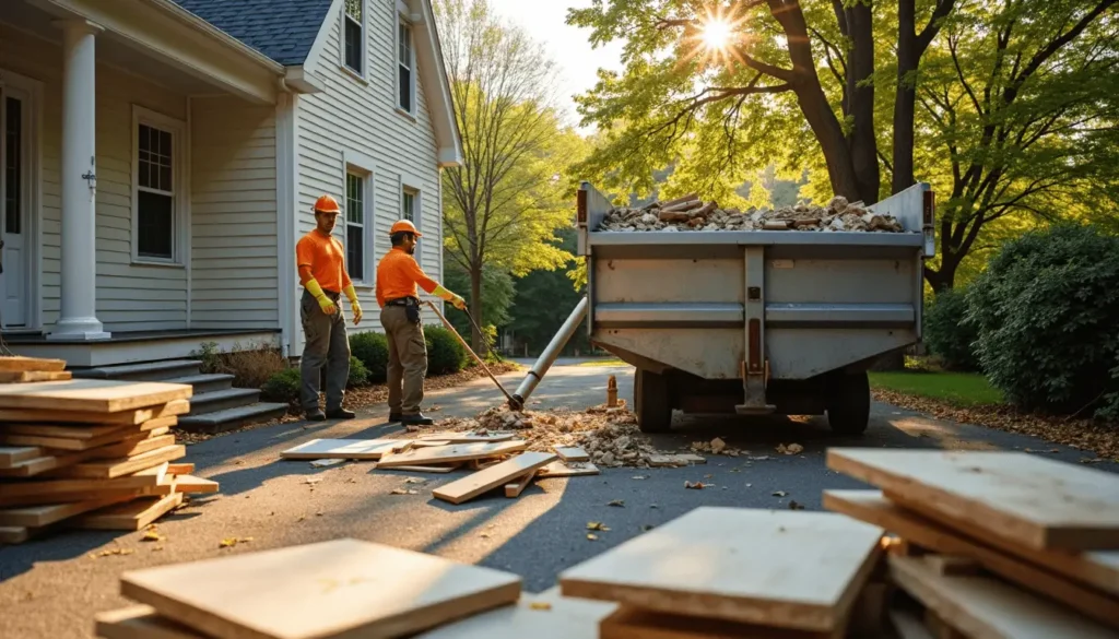 Workers sort construction debris into dumpster