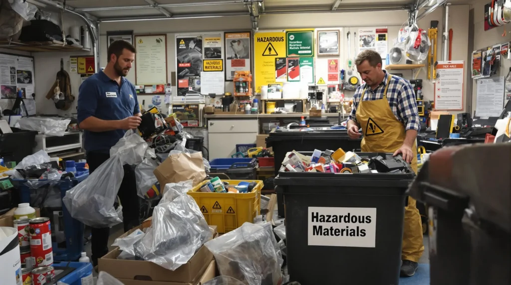 Adults sorting hazardous waste from junk in garage