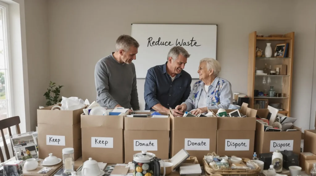 Adults thoughtfully sorting estate items into labeled boxes