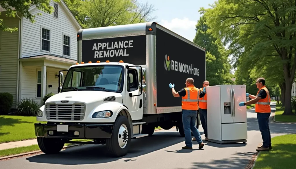 Connecticut appliance removal crew loading old fridge onto truck