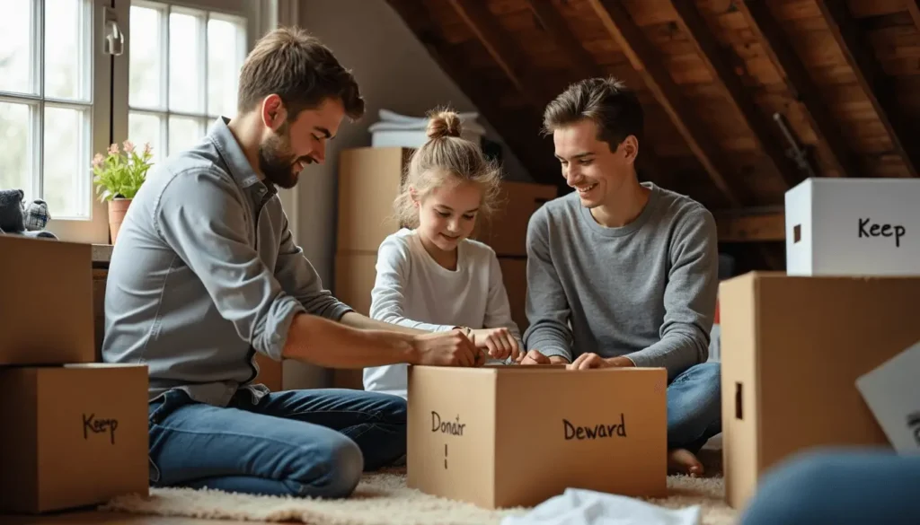 Family sorts belongings in attic, 'Declutter & Organize' label on storage bin