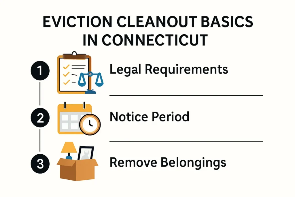 Connecticut eviction cleanout basics infographic with key steps and legal timelines