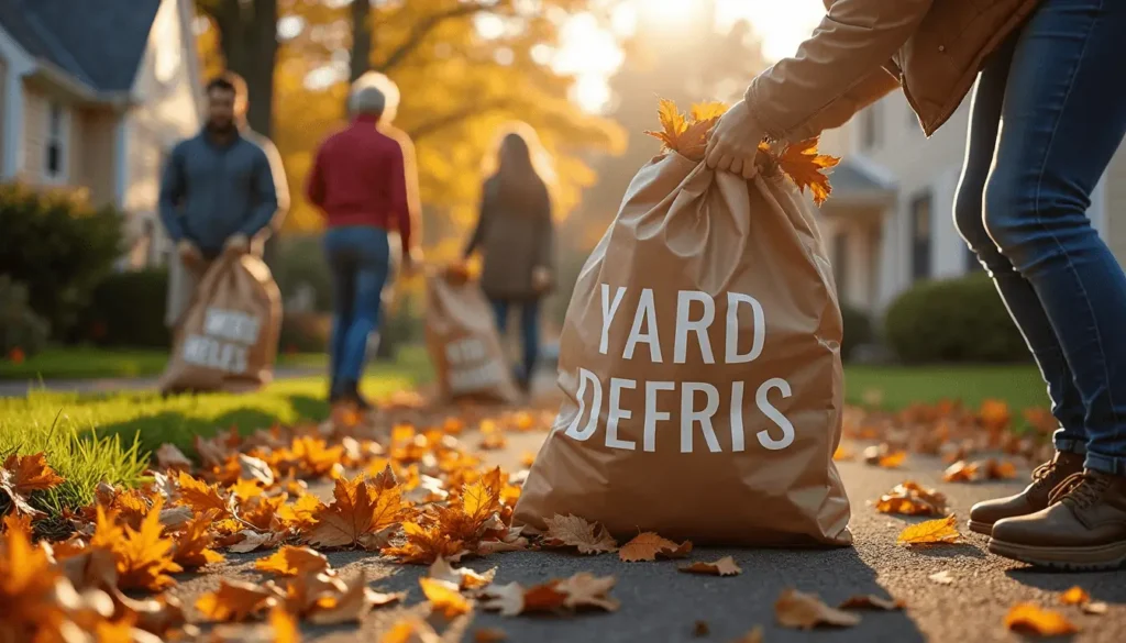 Connecticut family and neighbors cleaning yard debris in autumn.