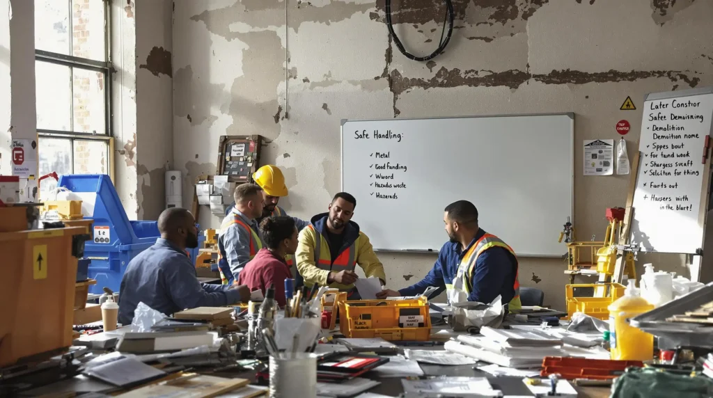 Construction crew plans safe debris handling with checklists and labels