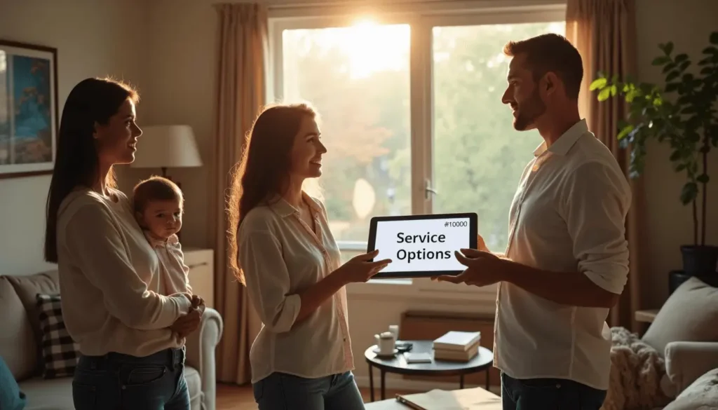 Family and junk removal expert discuss service options in living room