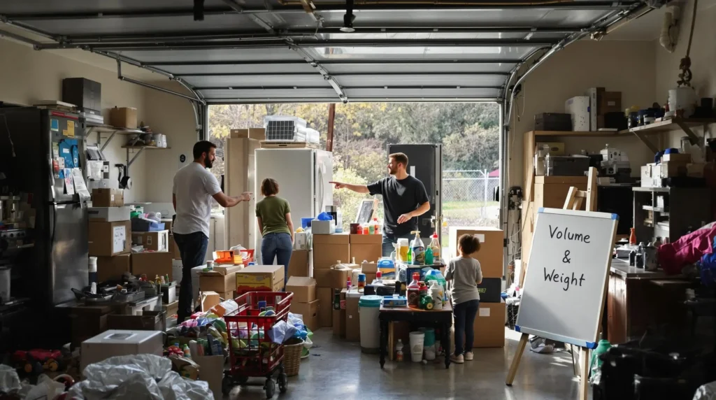 Family and junk removal pro sorting garage based on volume and weight