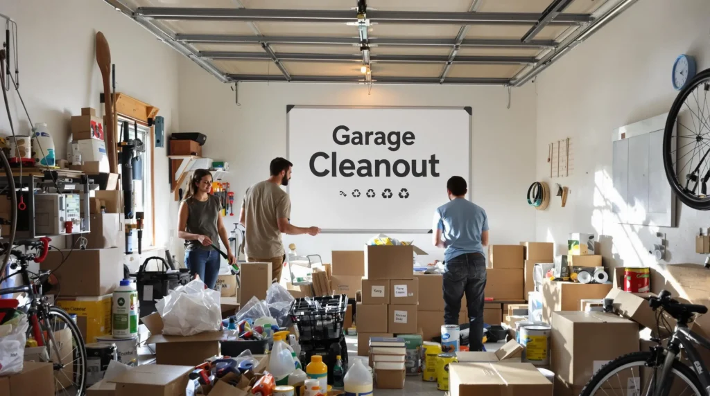 Family sorting Connecticut garage into piles for cleanout