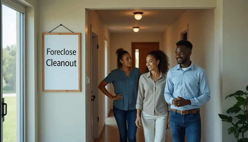Foreclosure cleanout team inspects home entryway with text notice board