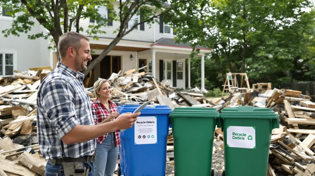Homeowner and contractor sorting renovation debris for recycling