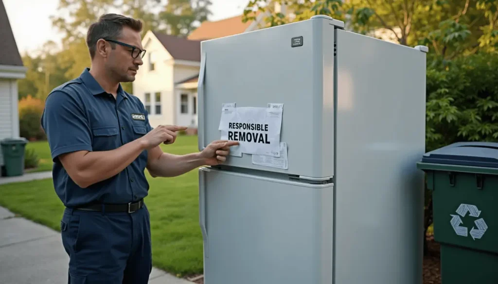 Homeowner and technician discuss responsible refrigerator removal in Connecticut