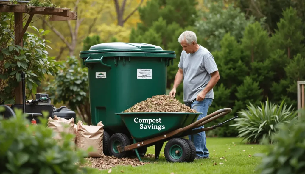Homeowner composting yard waste with compost savings sign