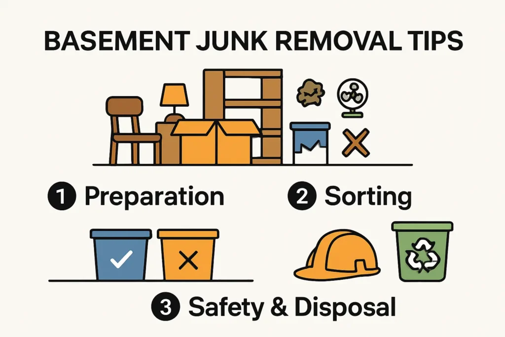 Infographic showing basement junk removal steps and tips