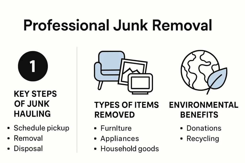 Infographic showing junk hauling steps and environmental benefits