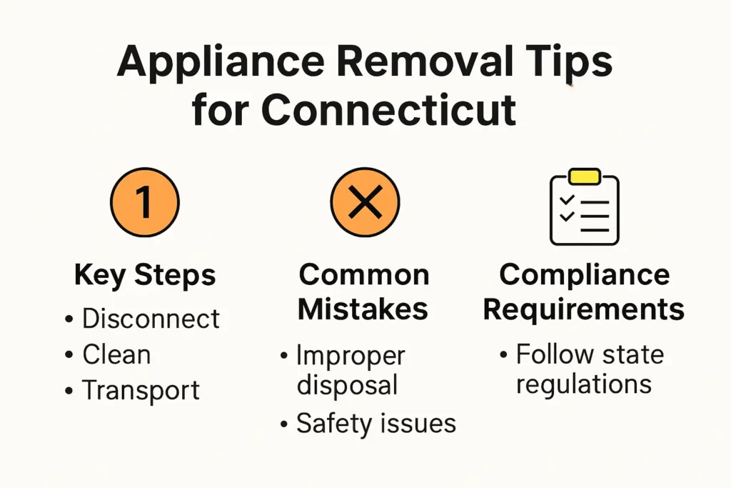 Infographic showing key appliance removal tips for Connecticut