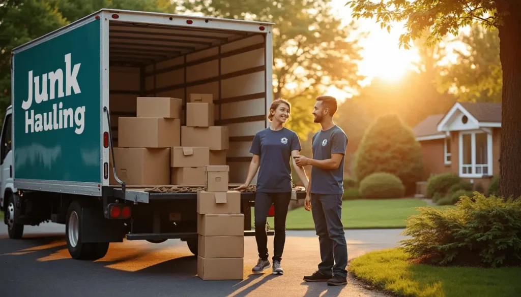 Junk hauling crew and homeowner with branded truck in driveway