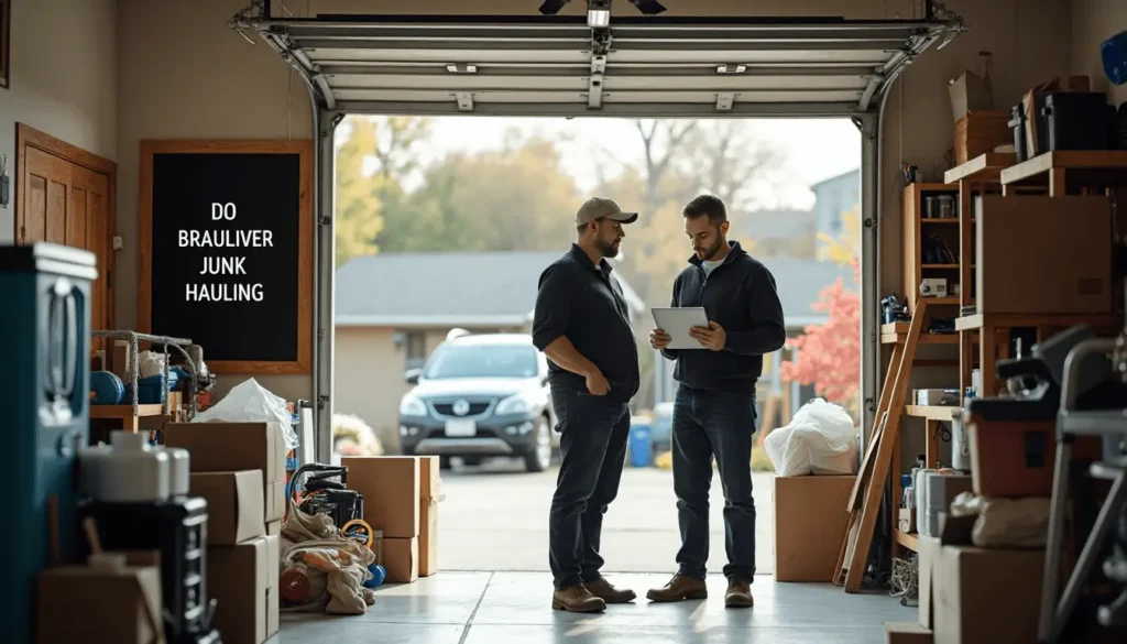 Junk hauling team assessing cluttered garage with branded checklist poster