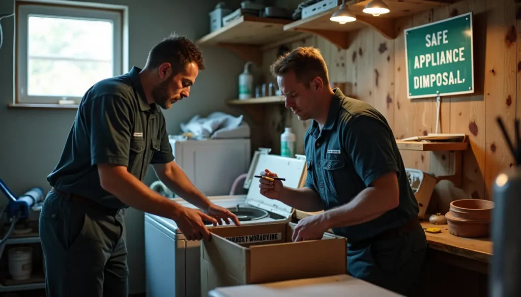 Professionals safely handling appliance hazardous components in basement