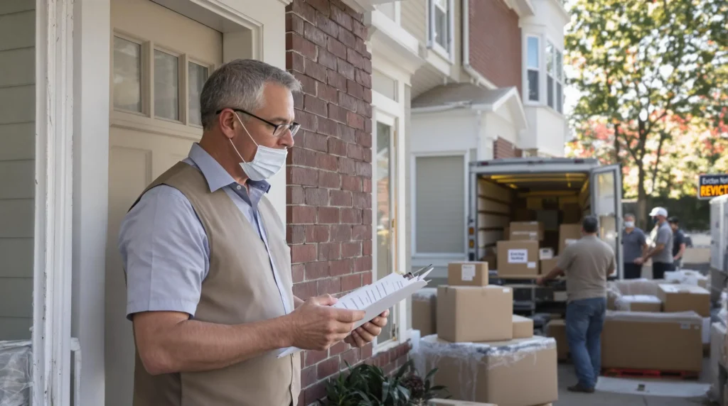Property manager at Connecticut eviction cleanout with notice sign