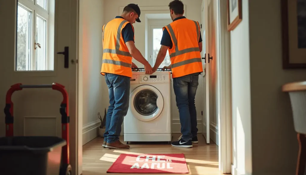 Removal team moves washing machine safely using dolly in home hallway