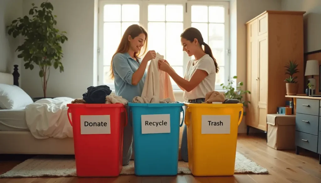 Roommates sorting belongings into bins with 'Sorting Strategy' on notepad or tablet