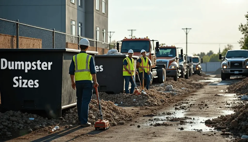 Workers sorting debris near different dumpster sizes at Connecticut site