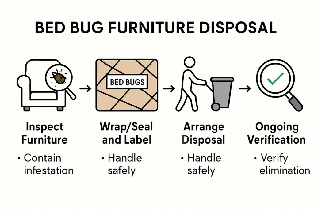 Infographic displaying step-by-step bed bug furniture disposal process