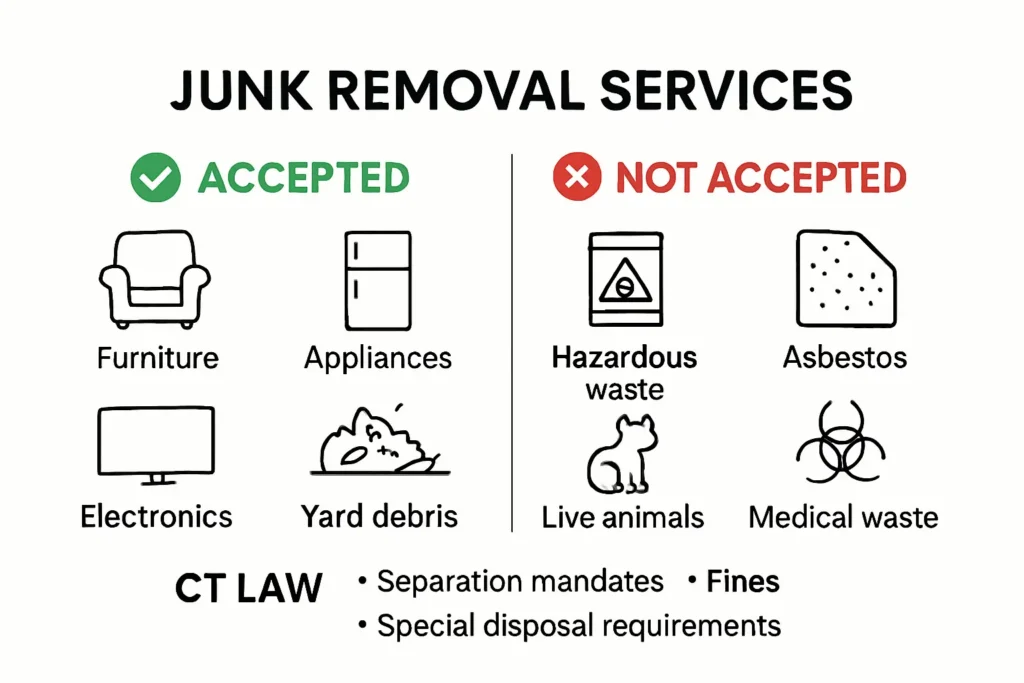 Infographic listing allowed and banned junk items in Connecticut
