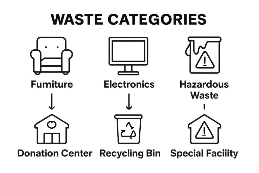 Infographic showing categories and disposal methods for common junk items