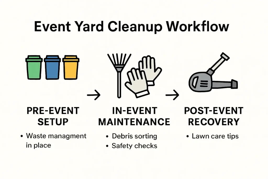 Infographic showing event yard cleanup workflow and tips