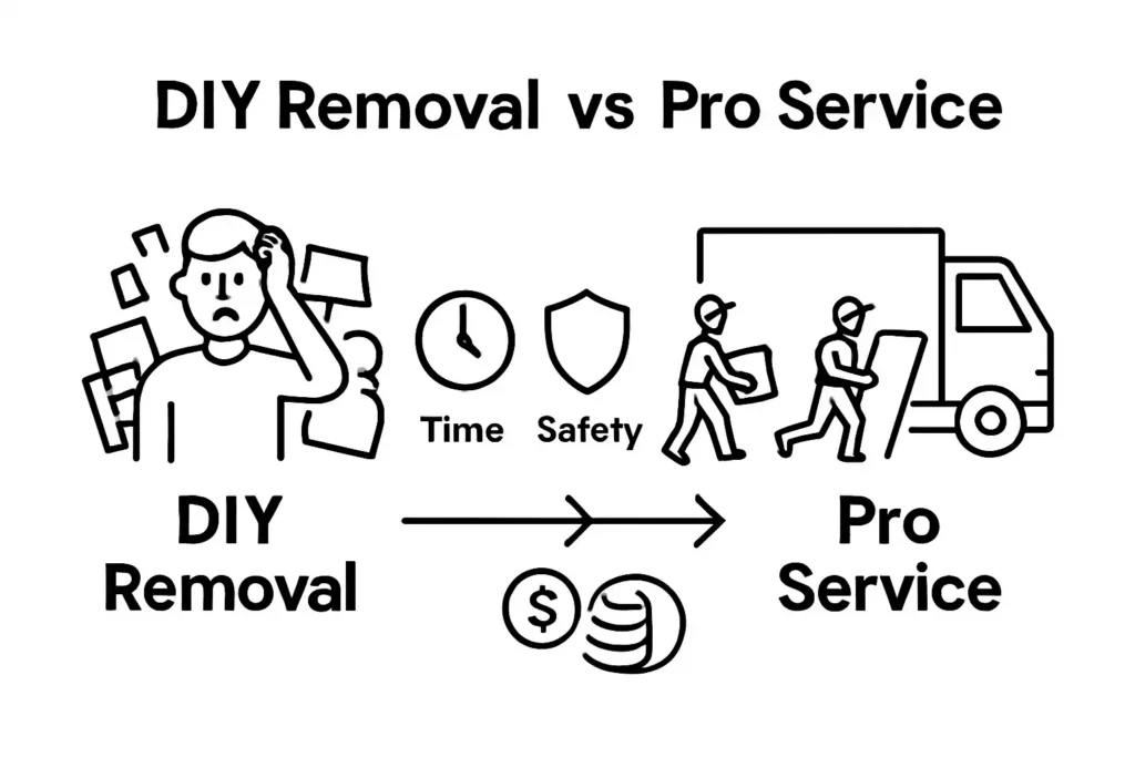 Infographic comparing DIY vs professional junk removal by time, safety, and cost