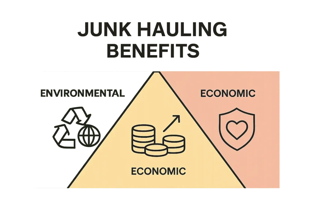 Infographic showing environmental, economic, and health benefits of junk hauling