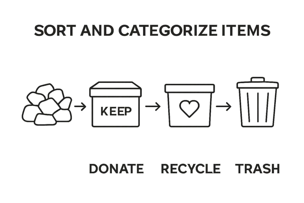 Infographic showing sorting home office items into keep, donate, recycle, and trash categories