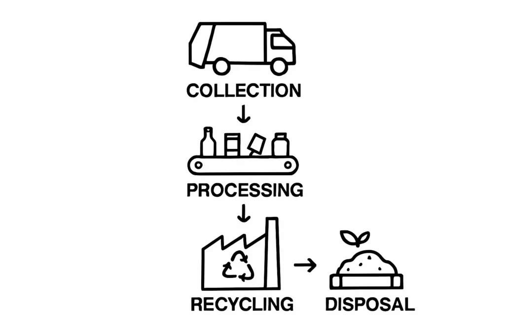 Infographic showing stages of waste management process from collection to disposal.