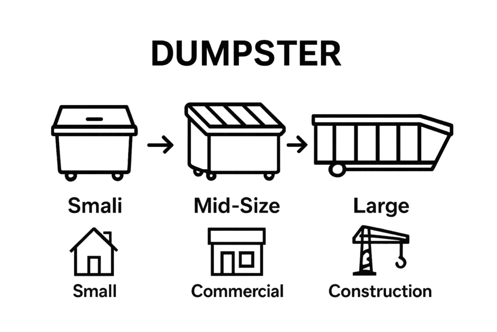 Visual comparison of residential, commercial, and construction dumpster types