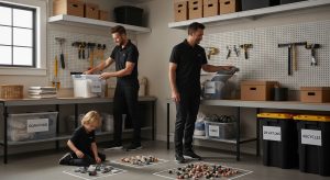 garage decluttering, home organization, family teamwork